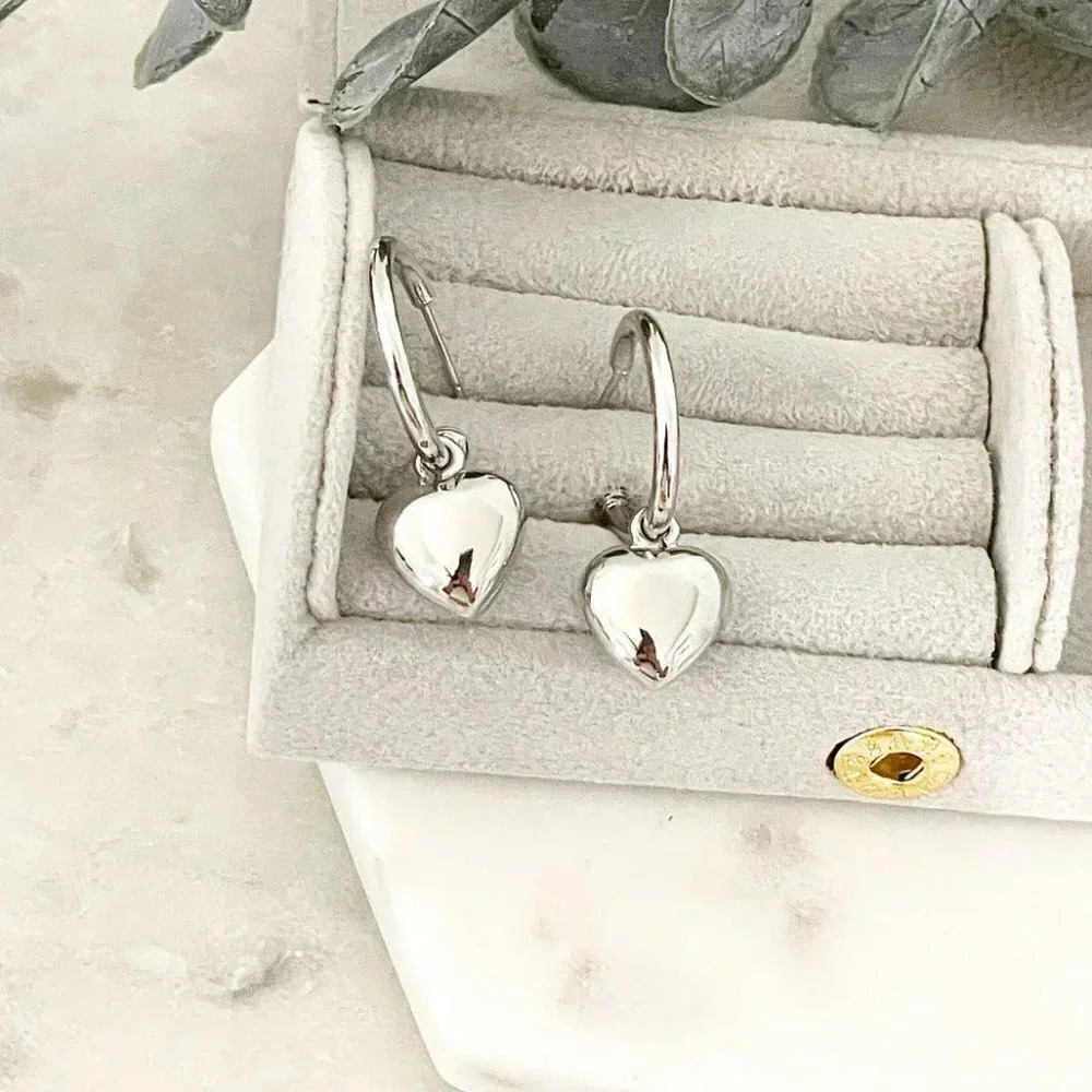 925 Sterling Silver Heart Huggies Heart Hoop Earrings Chunky Hoop Earrings - Picture 5 of 7